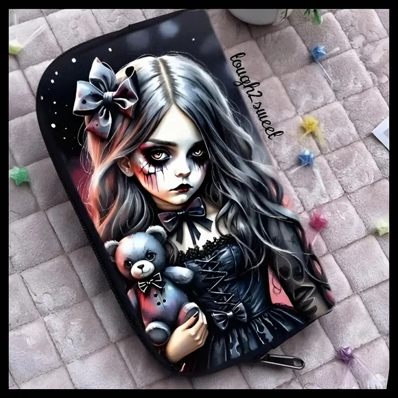 🆕️LAST 1🌹GOTH GIRL & TEDDY BEAR ZIPPERED CLUTCH/WRISTLET WALLET/GOTH PUNK Y2K - Picture 16 of 17